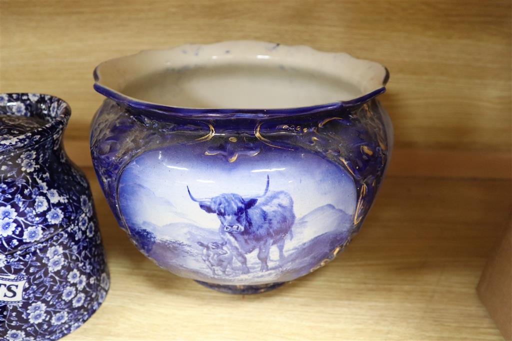 A group of Burleigh ware callico jugs and jars, soup tureen, ladle, butter dish and jardiniere